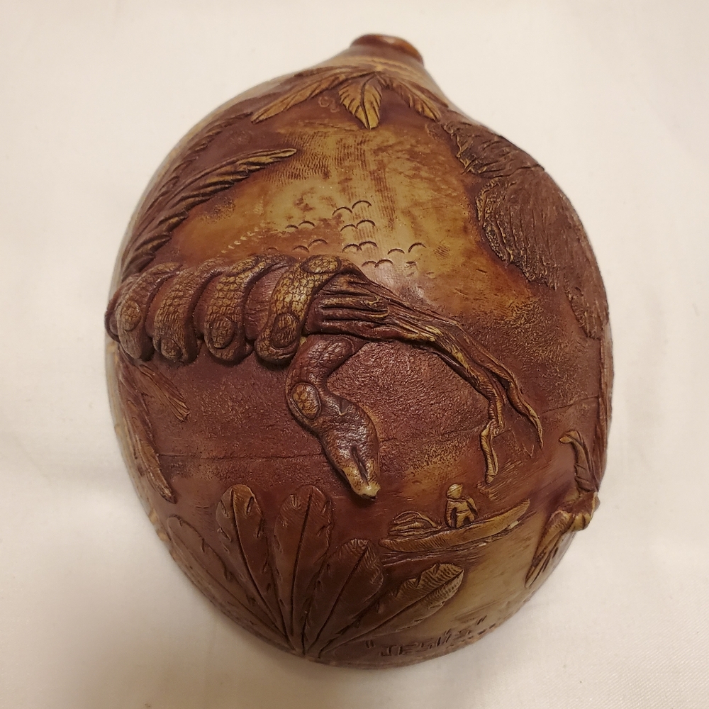 Bug Bear Carved Half Coconut Shell Scoop Signed Jesus' Snake Fisherman Art - Picture 1 of 15